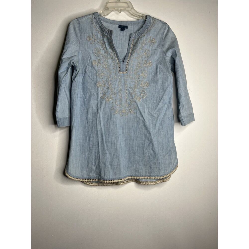 J Jill Denim Tunic Shirt XS Blue Chambray Embroidered V-Neck Casual
